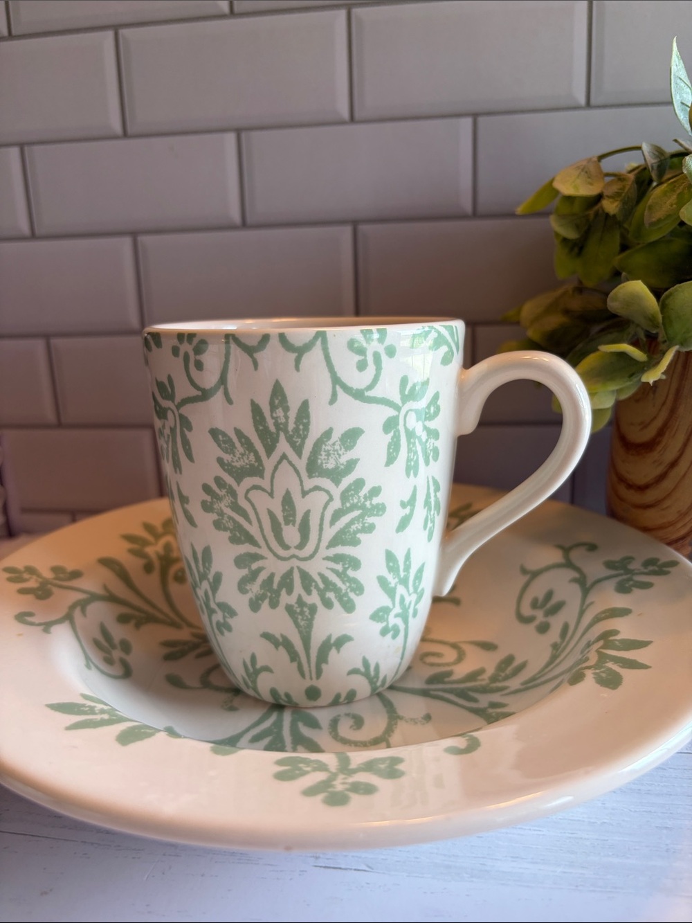Gorham White Ceramic Mug and cereal bowl or salad with Sage Damask Pattern